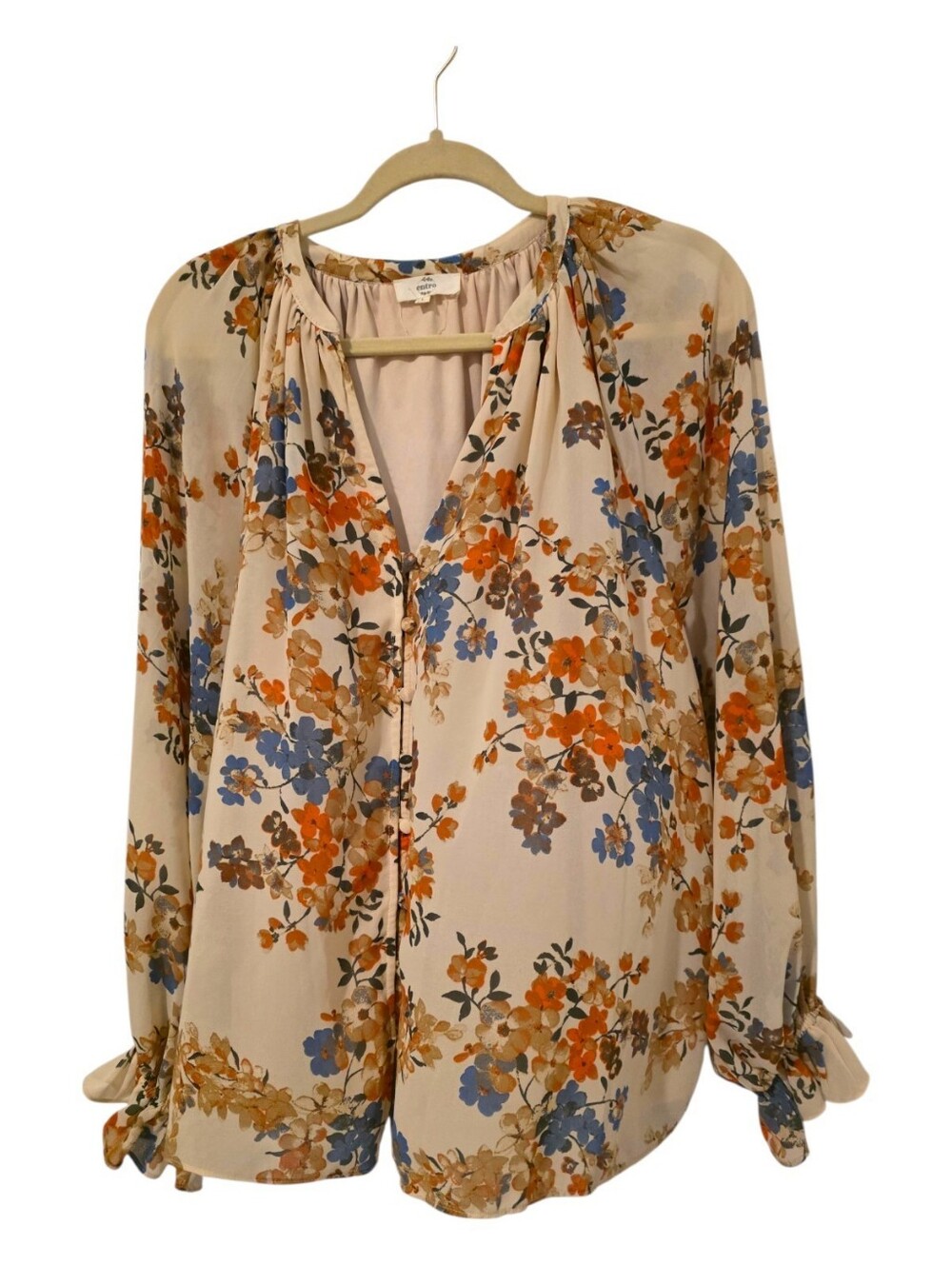 Entro Womens Floral Button Blouse - Cream with Orange & Blue Flowers Large
